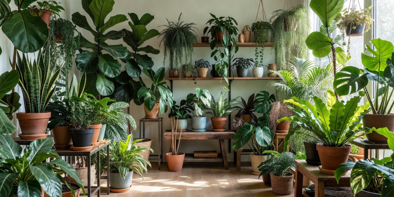 A bright room filled with diverse houseplants on shelves and stands