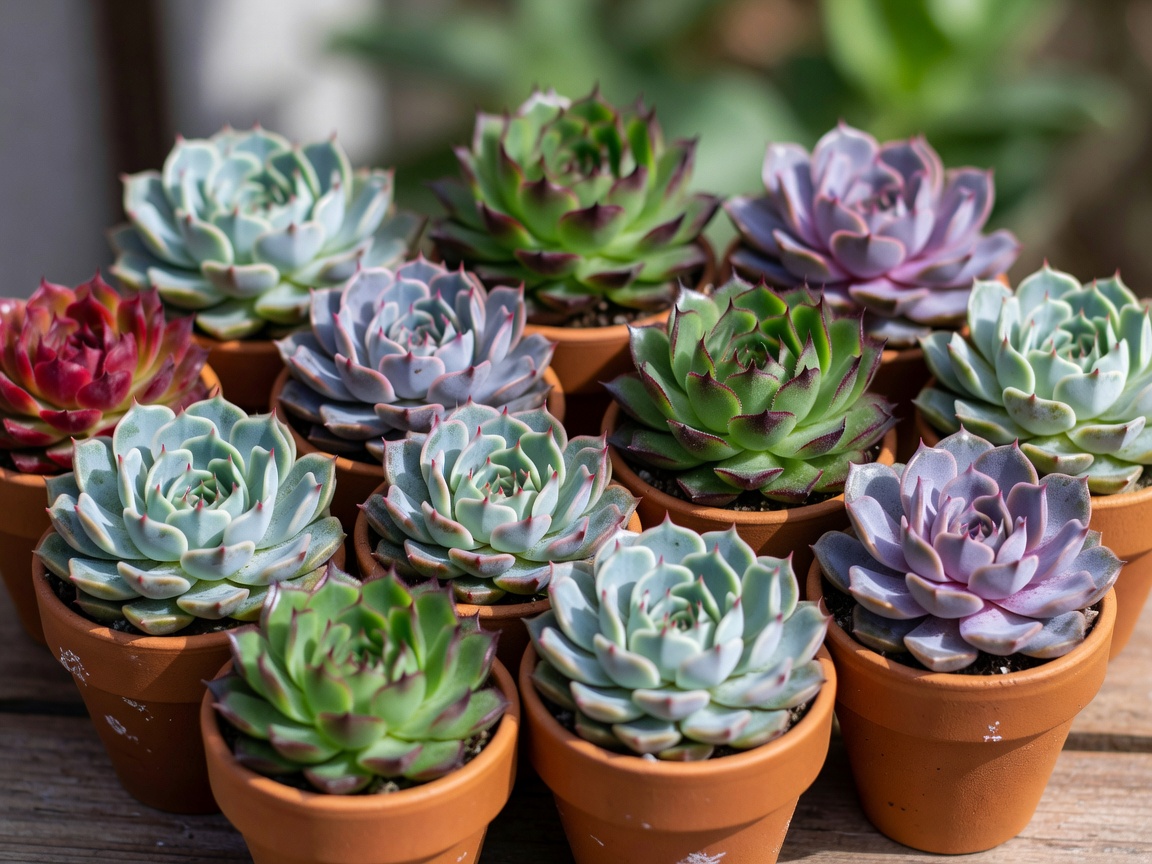 Close up of a varied collection of small succulent rosettes in terracotta pots