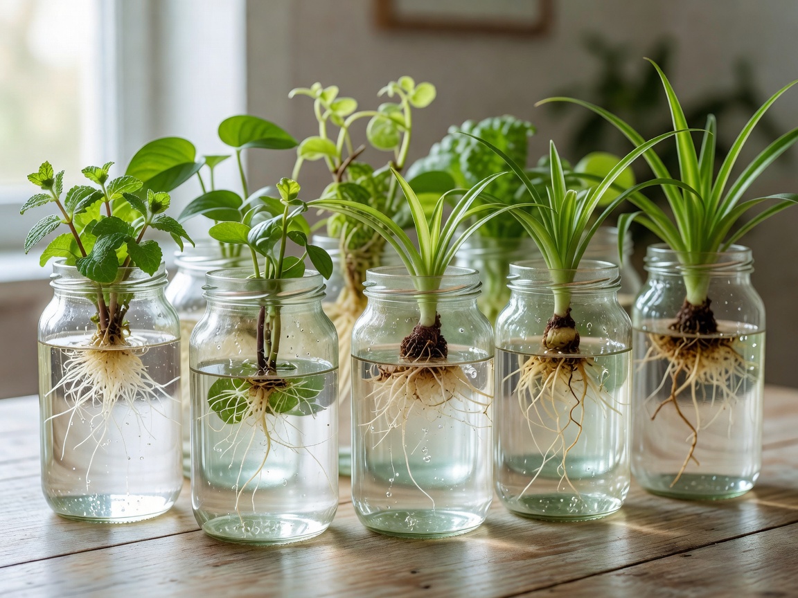 Glass jars filled with water holding various plant cuttings with developing root systems