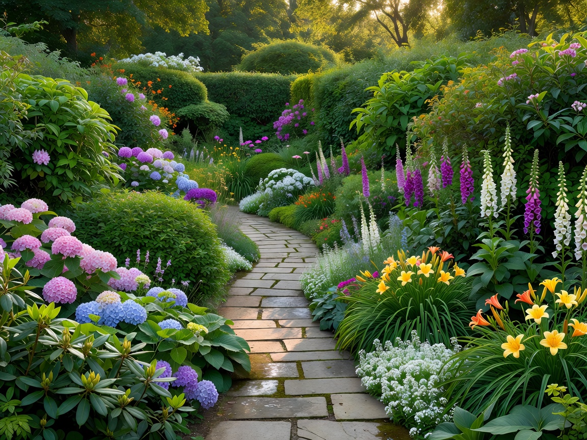 Lush outdoor garden path lined with shrubs and flowering plants