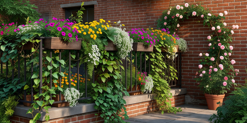 Lush urban balcony featuring railing planters and climbing vines against a brick wall