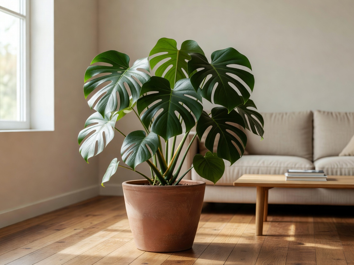 Potted monstera plant sitting in a well-lit living room