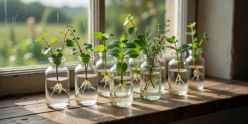 Several small glass vials resting on a wooden windowsill, each containing a plant cutting rooting in water