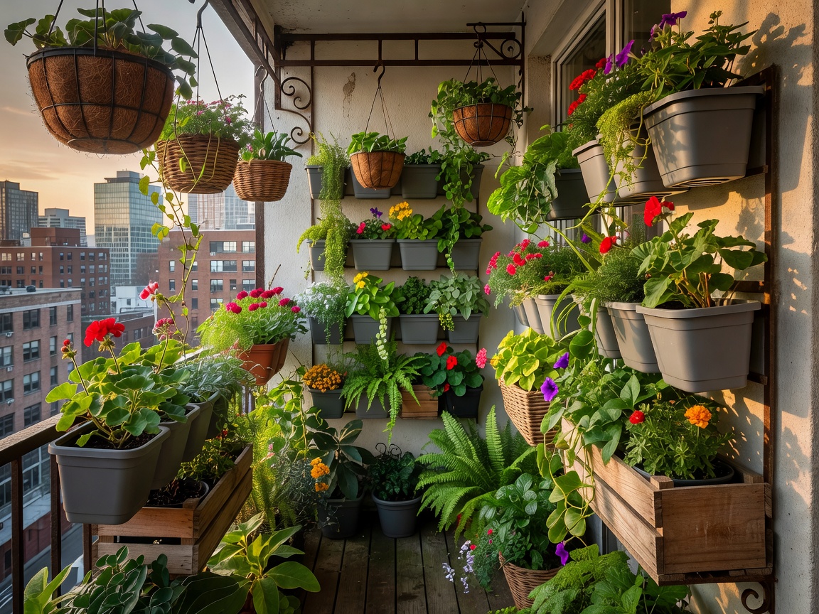 Small city balcony filled with vertical planters and hanging baskets