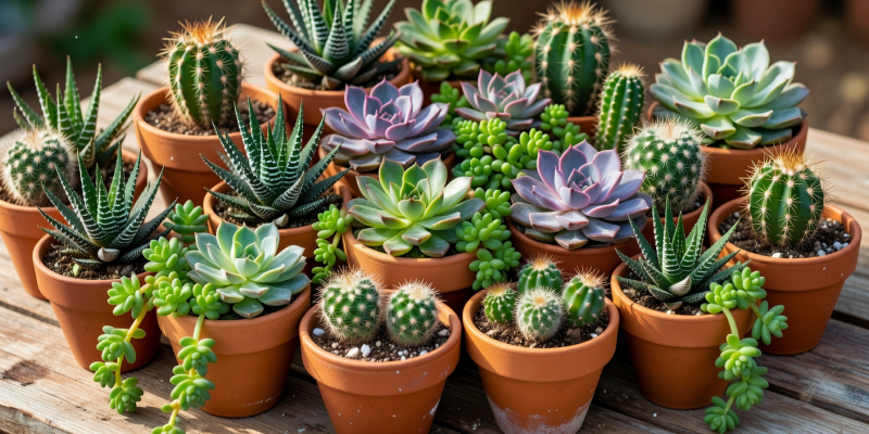Various small succulents and cacti arranged closely in terracotta pots