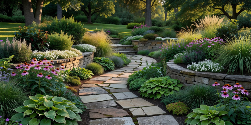 Well-designed backyard landscape featuring layered garden beds and a stepping stone path